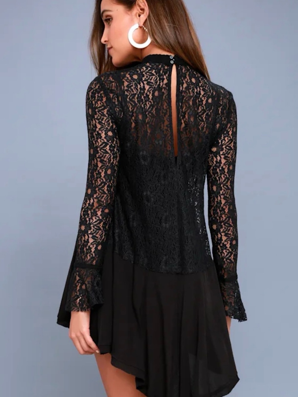 Free People Tell Tale Black Lace Long Sleeve Tunic, Mini Dress Bell Sleeves Boho - Picture 2 of 9